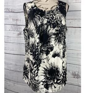 Talbots Sleeveless Blouse Womens 16 Floral Black White Keyhole Back Round Neck